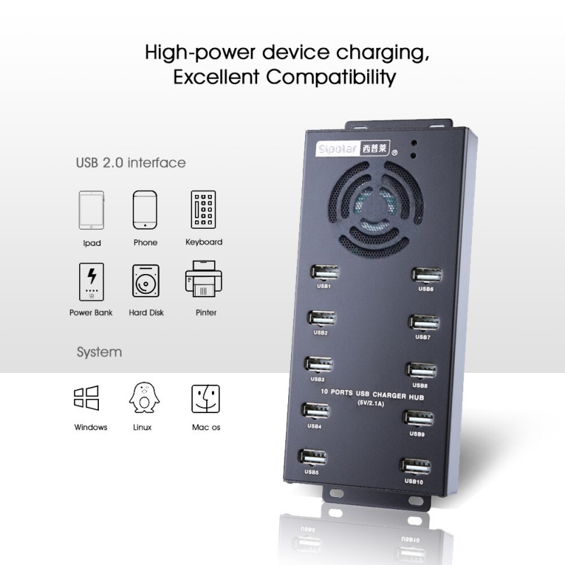 Sipolar 120W 供電 10 端口 USB 2.0 充電器端口集線器電源每個端口 5V 2.1A 充足的電流並提供同步和充電