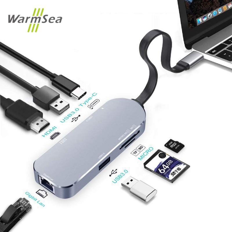 USB C 集線器 C 型適配器 Thunderbolt 3 帶 4K HDMI 1000Mbps USB 3.0 PD 電源 SD TF 讀卡器以太網擴展塢 適用於 Macbook Pro