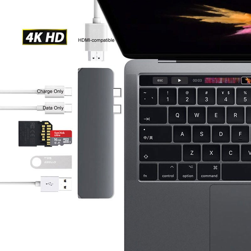 7 合 1 USB C 集線器轉 HDMI 兼容適配器 Thunderbolt 3 擴展塢 USB-C 帶集線器 3.0 TF SD 讀卡器 PD 適用於 MacBook Pro Air M2