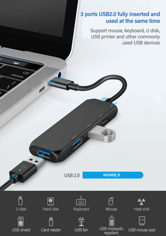 高品質 4 合 1 C 型集線器擴展塢多集線器 PD 充電端口分離器音頻適配器適用於帶 USB 端口的 Macbook Air