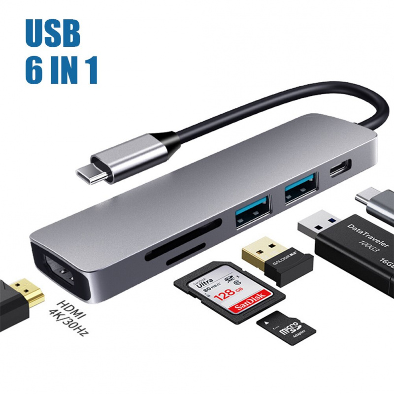 6 合 1 USB-C 集線器 Type-C 至 4K HDMI 兼容 2 USB3.0 TF SD 讀卡器 PD 多分離器適配器適用於 Macbook Pro 13 15 Air PC 集線器