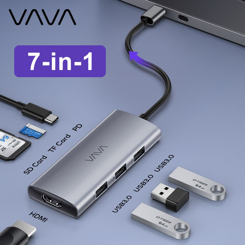 VAVA 7 合 1 USB-C 集線器 3 USB 3.0 4K USB C 至 HDMI 100W PD 充電適用於 MacBook Pro 擴展塢分離器