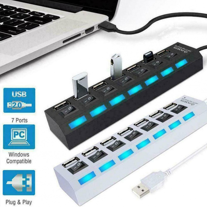 USB 2.0 集線器多 USB 分離器電源適配器 4 7 端口鼠標鍵盤 U 盤讀卡器打印機擴展器帶開關適用於 PC