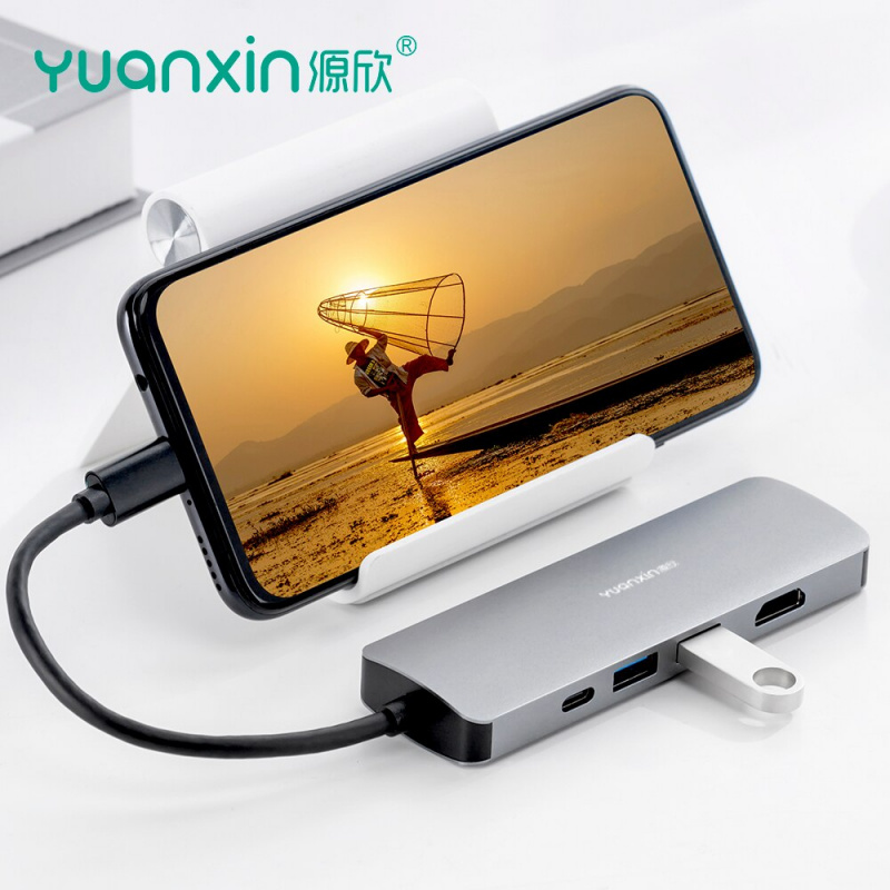 Yuanxin 5IN1 擴展塢 HUB Type C 轉 USB3.0 HDMI 4K PD 60W RJ45 100Mbps 適配器支持筆記本電腦適用於 Macbook pro