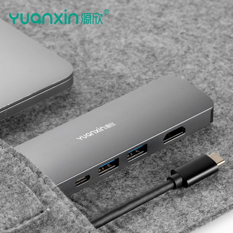 Yuanxin 5IN1 擴展塢 HUB Type C 轉 USB3.0 HDMI 4K PD 60W RJ45 100Mbps 適配器支持筆記本電腦適用於 Macbook pro
