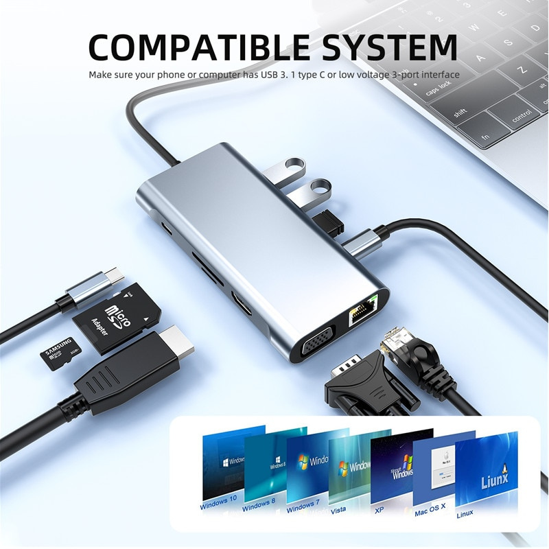 USB C HUB Type C 適配器 HDMI RJ45 VGA SD TF 卡 USB 3.0 PD 充電擴展塢 適用於 Macbook Pro 筆記本電腦 iPad Pro 手機