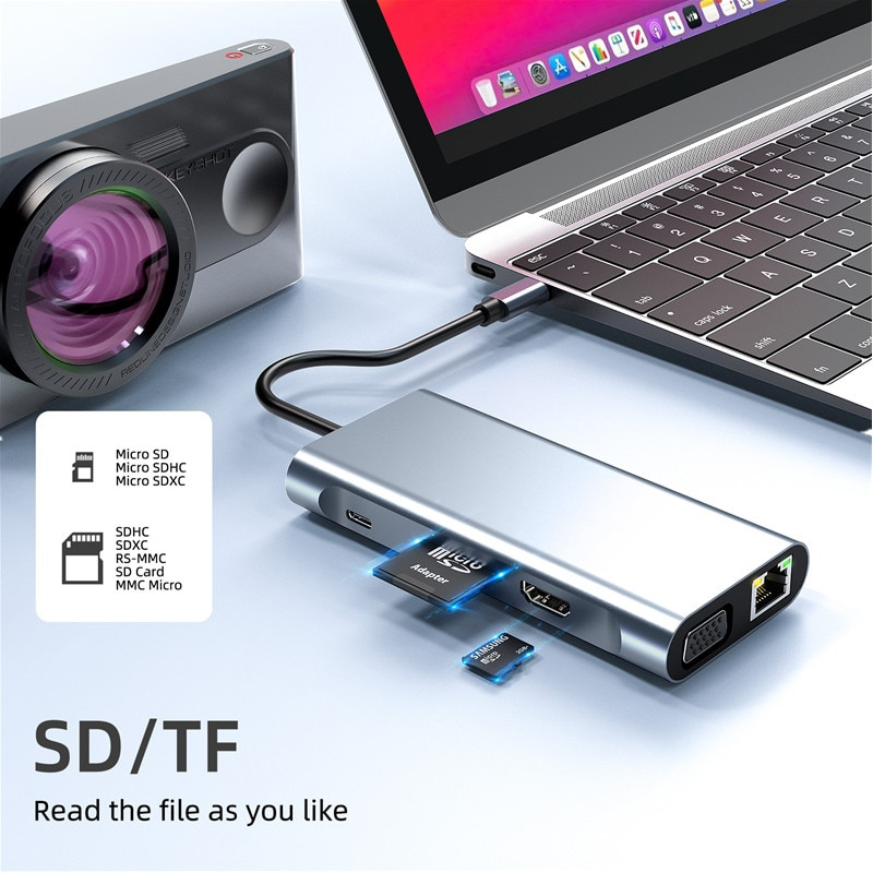 USB C HUB Type C 適配器 HDMI RJ45 VGA SD TF 卡 USB 3.0 PD 充電擴展塢 適用於 Macbook Pro 筆記本電腦 iPad Pro 手機