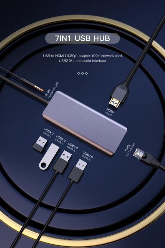 2021 高品質 7 合 1 USB A 適配器筆記本電腦配件 3.0 USB 集線器分離器全高清以太網適配器 USB 到 PC 耳機