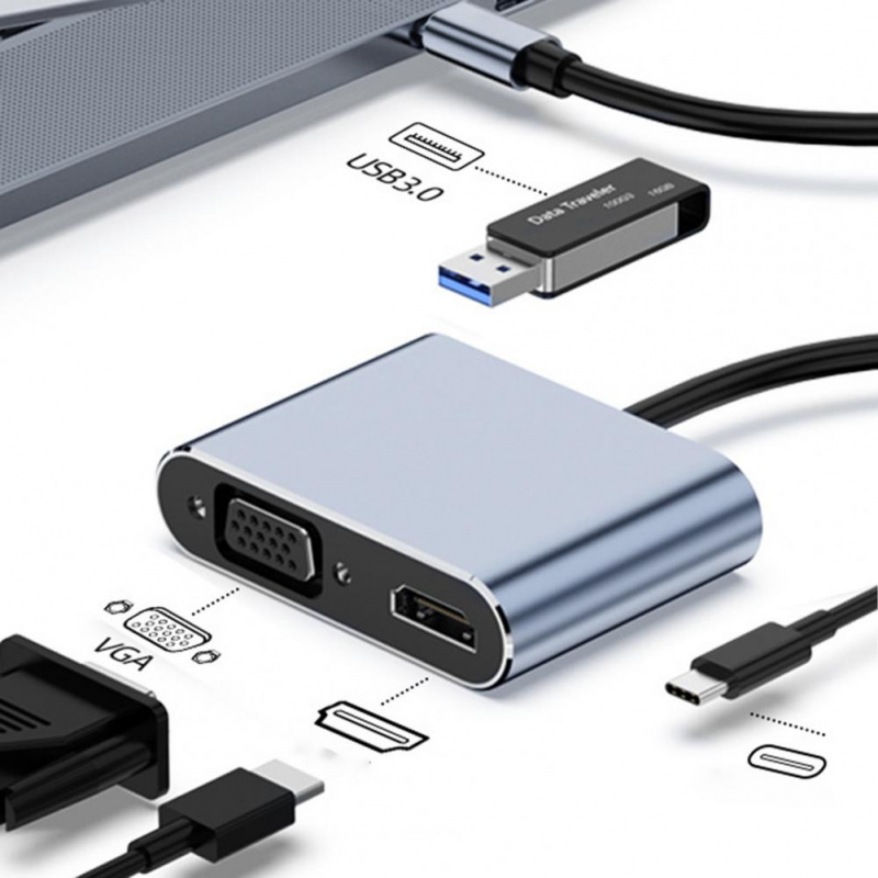 USB 擴展塢支架有用的 4 合 1 擴展塢 Type-C 到 USB HDMI 兼容 PD VGA 4K 集線器適配器電腦配件