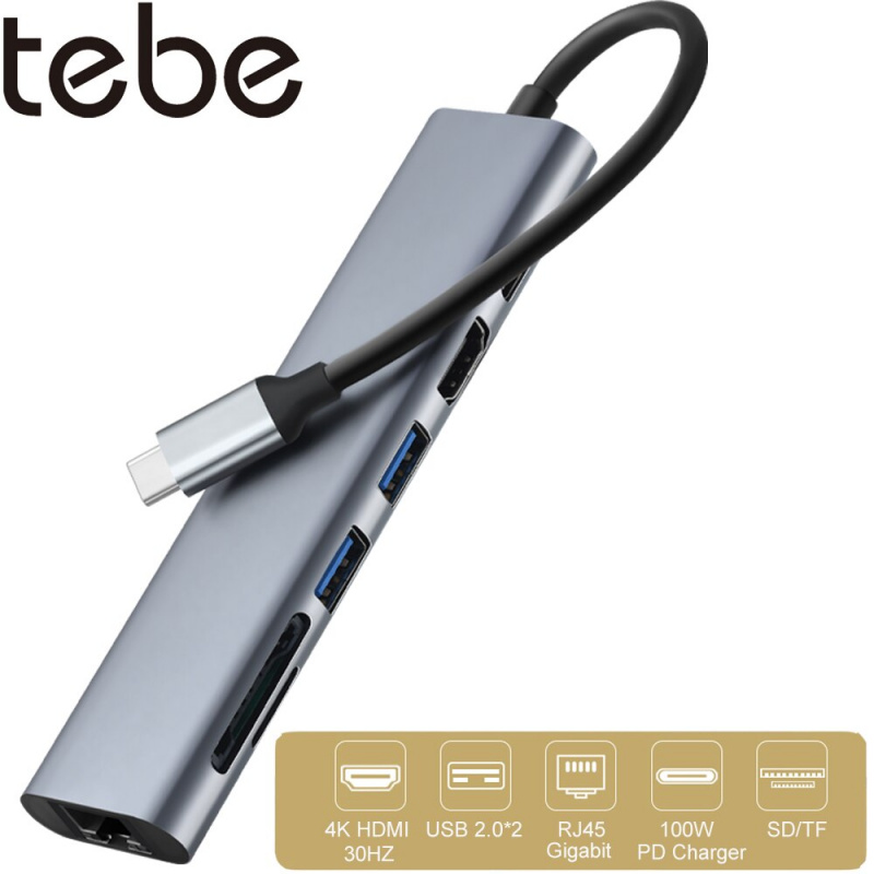 tebe 7 合 1 Type-c 至 4K HDMI 兼容千兆以太網 USB 2.0 SD TF 讀卡器適配器 USB-C 集線器適用於 Macbook Air iPad
