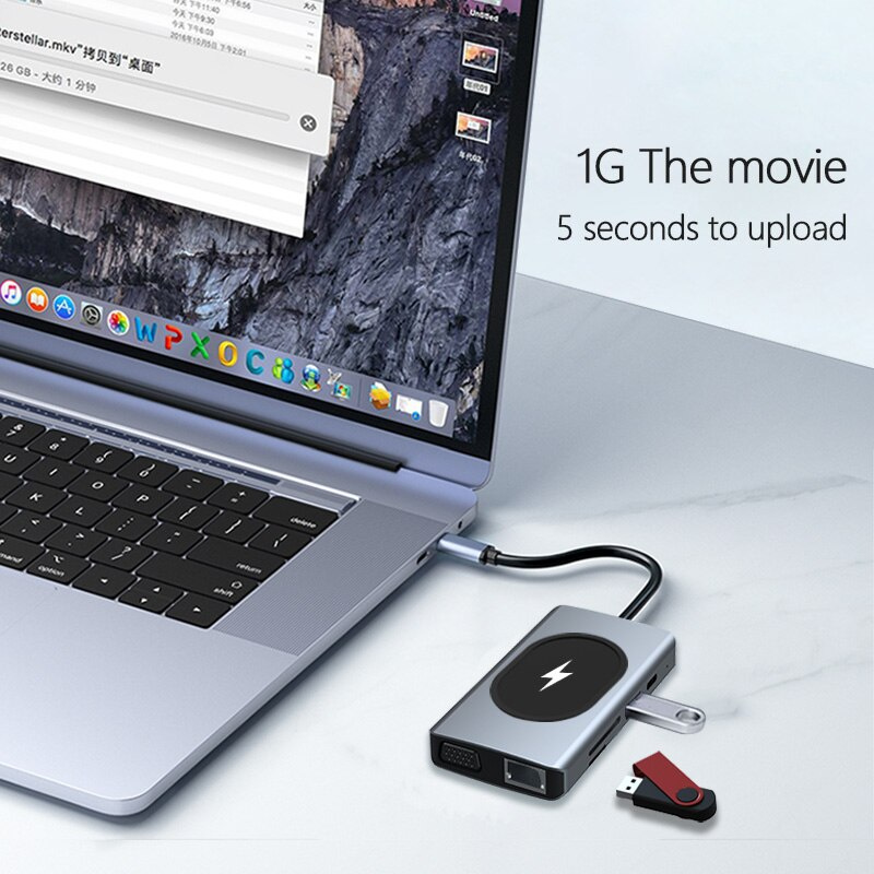 USB C 集線器轉 HDMI 擴展塢，帶 RJ45 局域網 USB3.0 PD Thunderbolt 3 無線充電 VGA 3.5 毫米 USBC 集線器，適用於 MacBook Pro Air