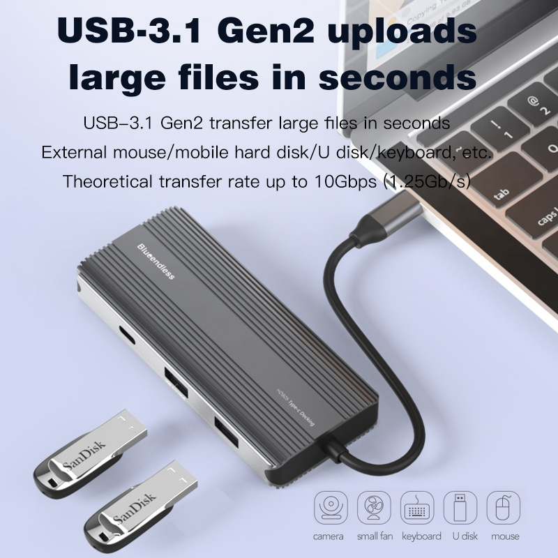 全新 USB C 集線器 Type C 擴展塢 8 端口 USB 3.1 集線器轉適配器適用於 TF 8K HD-MI Rj45 GBE 雙 Type C USB 集線器適用於筆記本電腦