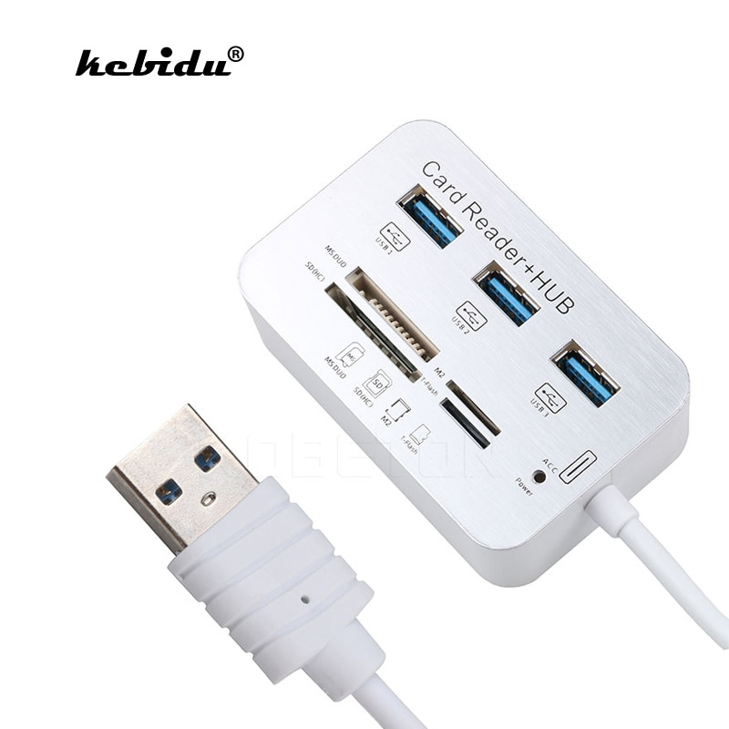 kebidu 3 Ports Mini USB HUB Memory Card Reader USB 3.0 Hub Aluminum With MS SD M2 TF Multi-In-1 Card Reader For Computer White