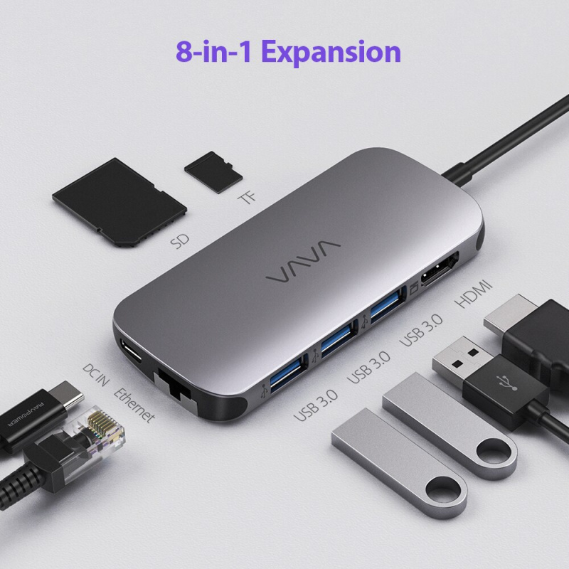 VAVA UC006 USB C 集線器 8 合 1 多端口適配器，帶 PD 供電 4K USB 3.0 HDMI 音頻視頻端口 SD 擴展塢分離器