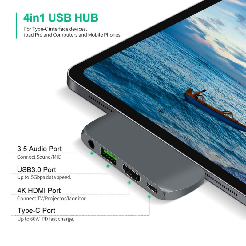 iPad Pro HUB USB C 集線器適配器，帶 USB-C TYPE C PD 充電 4K HDMI USB 3.0 3.5 毫米耳機，帶 2018 iPad Pro MacBook Pro