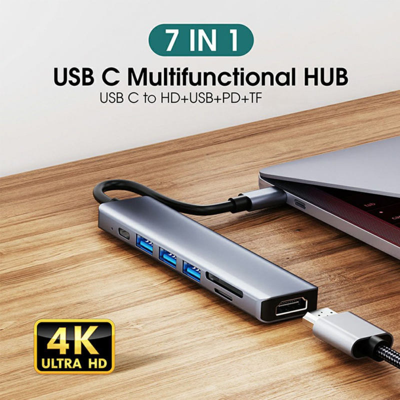 Type C轉HDMI兼容USB七合一多接口HUB集線器便攜金屬轉接頭多兼容