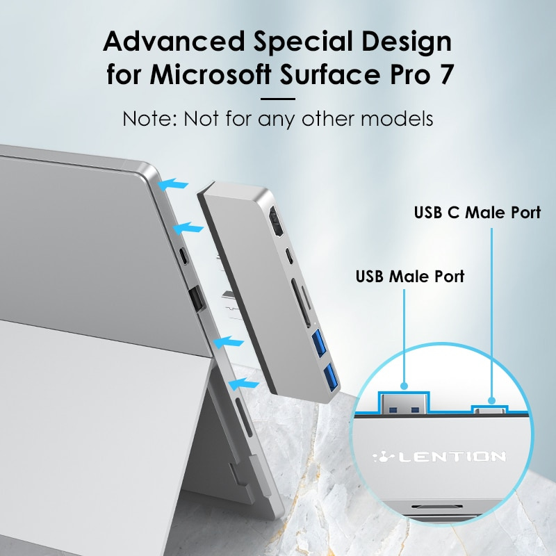 Lention USB 3.0 HUB 多 USB 轉 USB3.0 端口 HDMI SD TF 擴展塢，適用於 Microsoft Surface Pro 7 分離器適配器 PD 充電