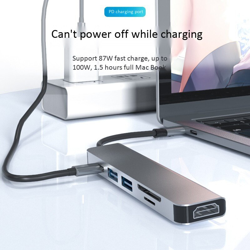 USB 3.0 Type C 集線器適配器 6 合 1 雙 USB 擴展塢，適用於 MacBook Pro，4K 30Hz 高速，適用於 PD 充電卡讀卡器分離器