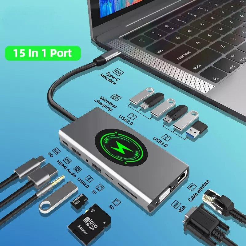 15 合 1 擴展塢 USB HUB Type C 轉 HDMI 兼容無線充電 USB 3.0 適配器 Type C HUB 擴展塢 適用於 MacBook