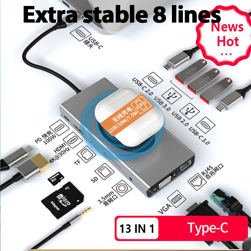 15 合 1 擴展塢 USB HUB Type C 轉 HDMI 兼容無線充電 USB 3.0 適配器 Type C HUB 擴展塢 適用於 MacBook