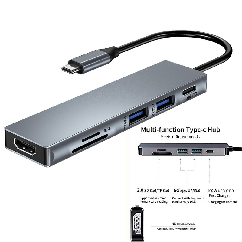 6in1   8in1 Type-c OTG HUB USB-C USB 2.0 3.0 電腦適配器 HDMI 兼容 USB C 端口適用於 MacBook 筆記本平板電腦 PD 充電