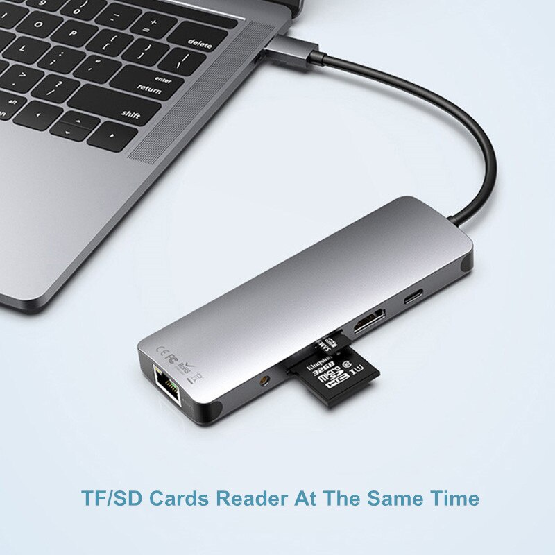 9 合 1 USB C 集線器 Type-C 轉 USB 3.0 HDMI 4K TF SD 讀卡器 RJ45 3.5 毫米音頻適配器適用於 Macbook Pro 筆記本電腦配件