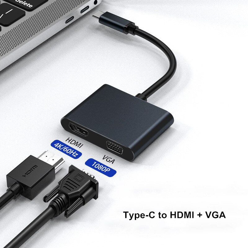 2 合 1 USB C 集線器 C 型轉 HDMI 4K 60Hz VGA 1080p 適配器電纜適用於 Macbook Ipad Pro 2018 2020 華為平板電腦配件