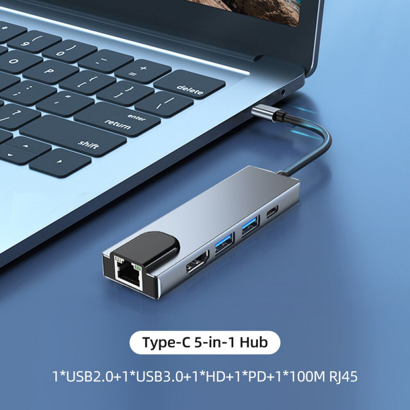 5合1 Type-C集線器多功能Type-C轉換器鋁合金外殼帶100M RJ45高清USB2.0 USB3.0 PD接口