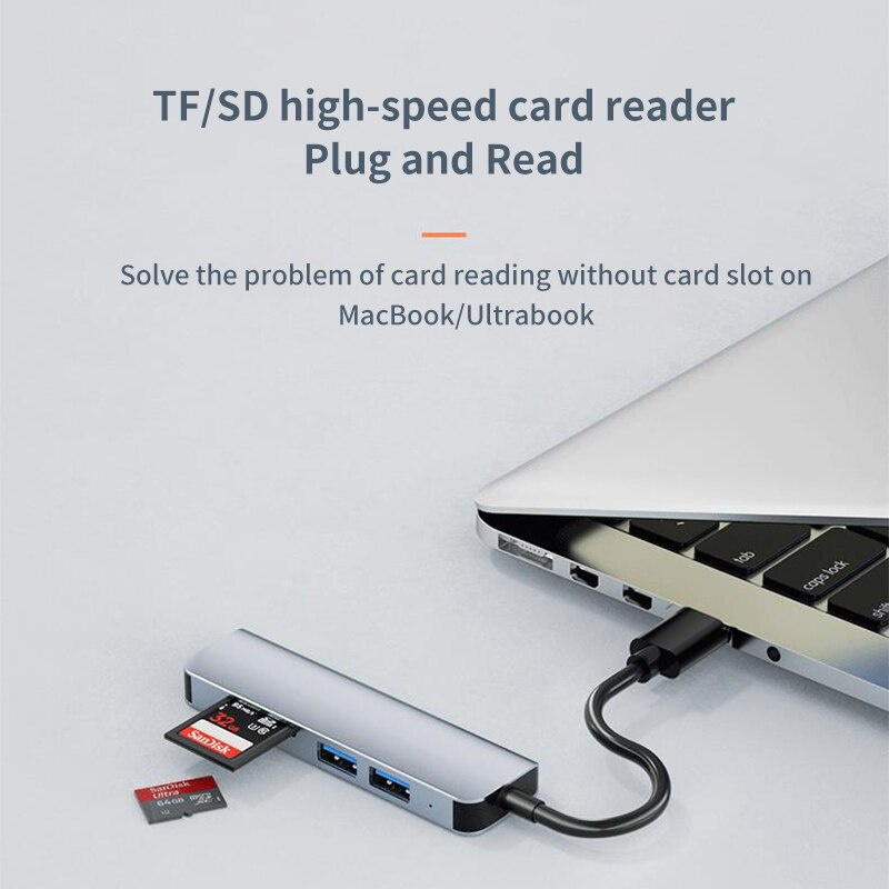 5 合 1 USB 集線器底座 USB 公頭轉 USB 3.0 2.0 分離器 TF SD 內存卡讀卡器適配器適用於 Macbook Pro 筆記本電腦配件