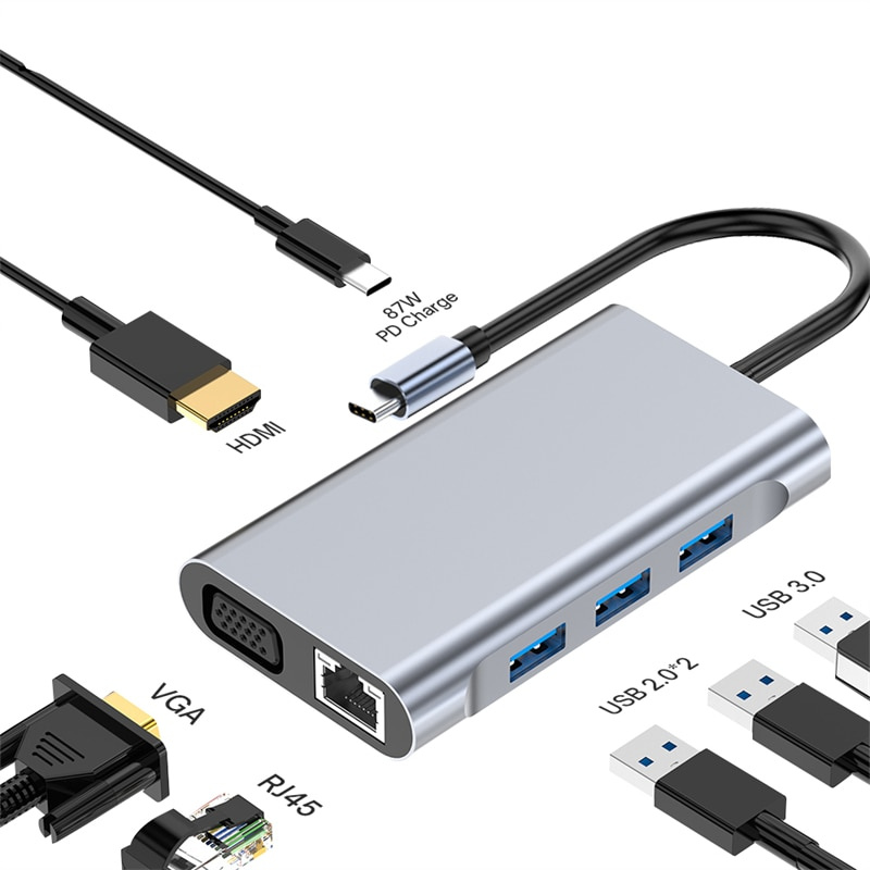 7 合 1 USB 集線器 3.0 C 型轉 4K HDMI 兼容 VGA 適配器 RJ45 Lan 以太網 SD TF PD 適用於 MacBook 華為電腦配件