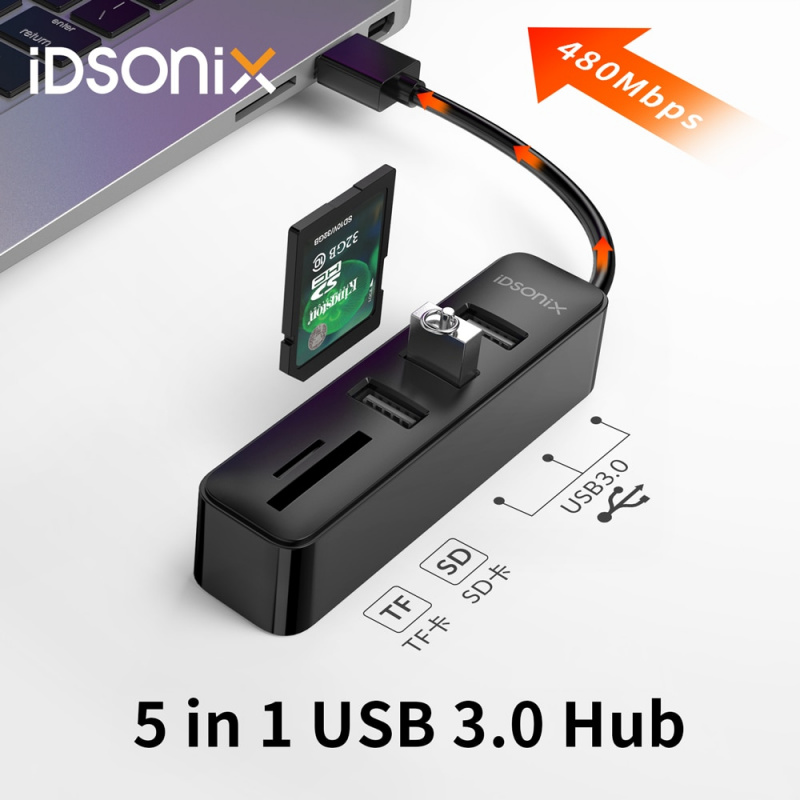 iDsonix USB 3.0 集線器 5 合 1 多分離器適配器帶 TF SD 讀卡器插槽 5Gbps 高速數據適用於聯想華為小米 Macbook
