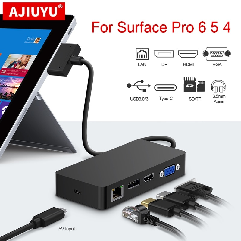 AJIUYU USB 3.0 HUB 適用於 Microsoft Surface Pro 4 5 6 HDMI 4K DP VGA 音頻千兆以太網適配器 RJ45 SD TF DockKing 底座 Dock PC
