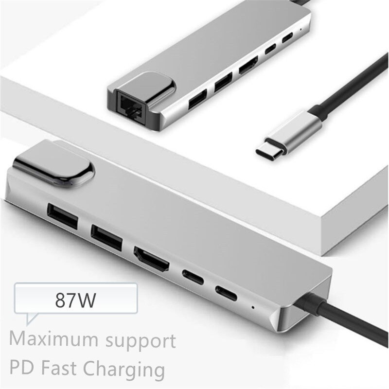 6 端口 USB C 集線器轉 HDMI 兼容 Rj45 局域網 USB 3.0 適配器 87W PD 充電器適用於 MacBook Pro Type C 分路器 USB C 集線器