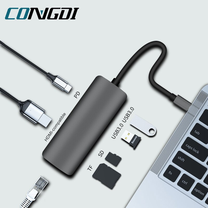 USB C HUB Type C to HDMI-compatible Dock Station with RJ45 Port PD Charging TF SD Reader USB HUB 3.0 Splitter PC Accessories