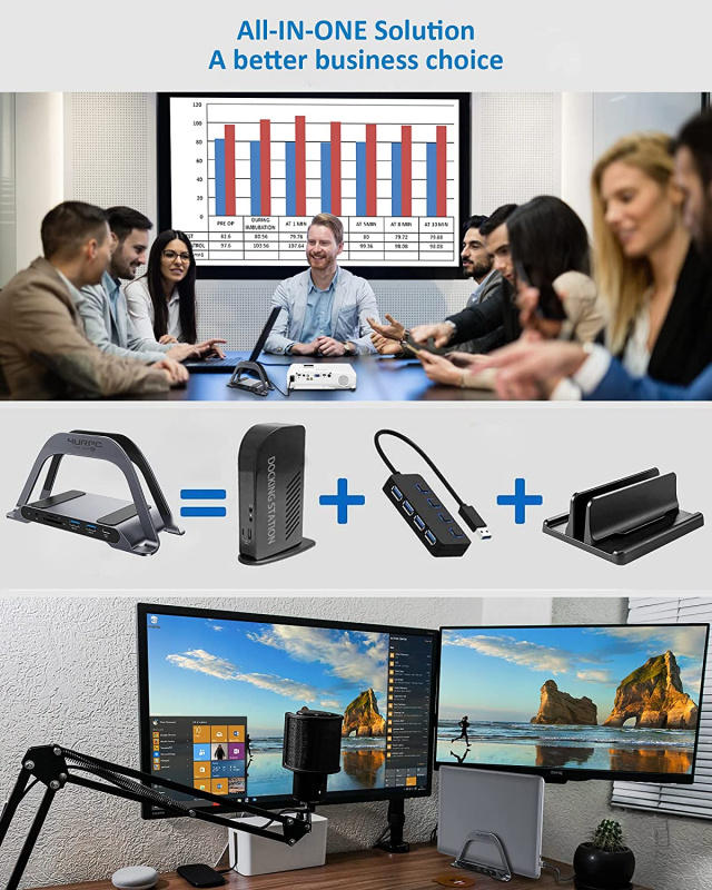 USB C 擴展塢 10 合 1 USB-C 垂直支架集線器雙顯示器適用於 Windows Mac 帶雙 4K HDMI，5Gbps USB 3.0 PD3.0