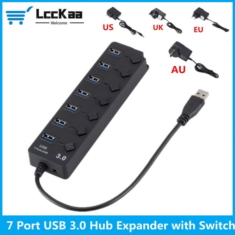 LccKaa USB HUB Multi USB Splitter 7 Port Expander Multiple USB 3.0 Hab Use Power Adapter USB3.0 Hub with Switch 適用於 P