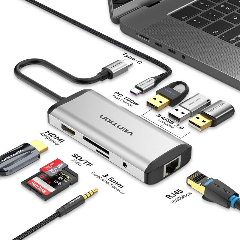 Vention USB C HUB Type C 轉 HDMI 兼容 USB 3.0 適配器多功能 Type C HUB 底座適用於 MacBook Pro Air USB C 分離器