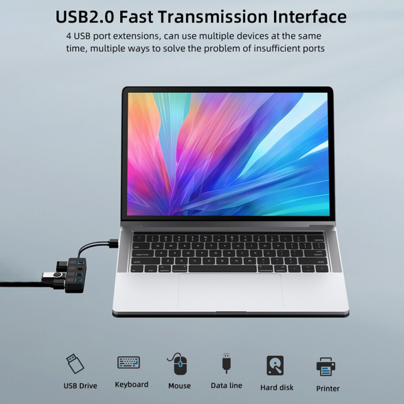USB 2.0 HUB Multi USB Splitter 4 Ports Expander Multiple USB 2.0 Hub Use Power Adapter USB2.0 Hub with Switch 適用於 PC 電腦