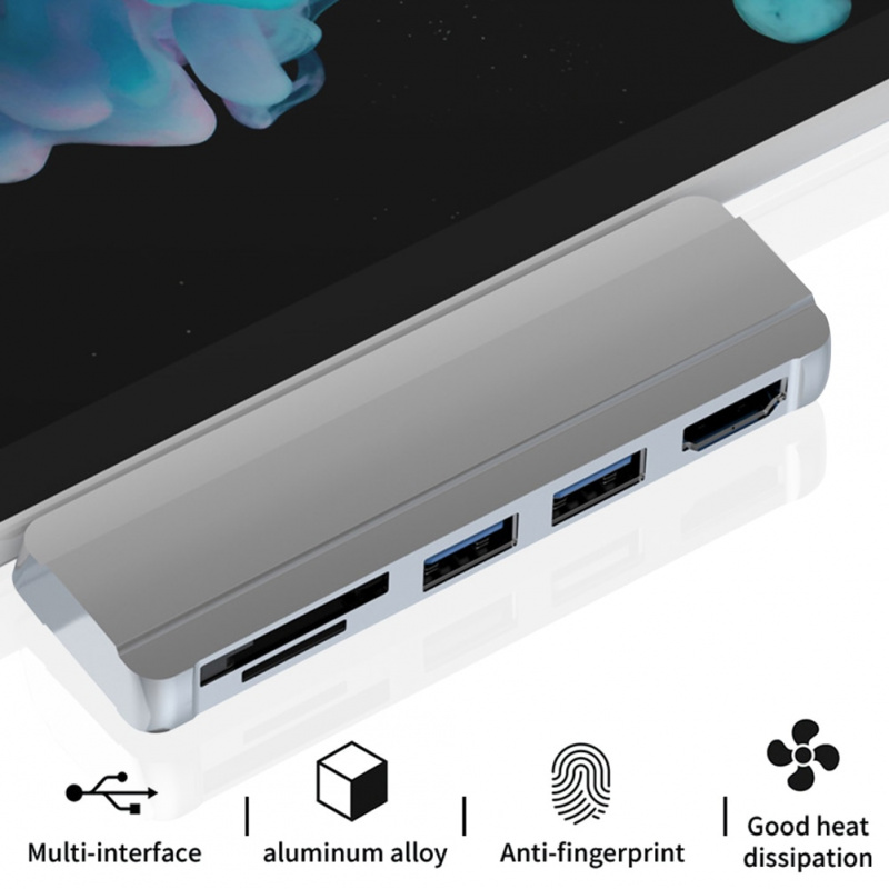 適用於 Surface Pro 6  Pro 5  Pro 4 的 5 合 1 USB 集線器，帶 4K HDMI 兼容 5 端口 USB 3.0 內存卡插槽讀卡器適配器