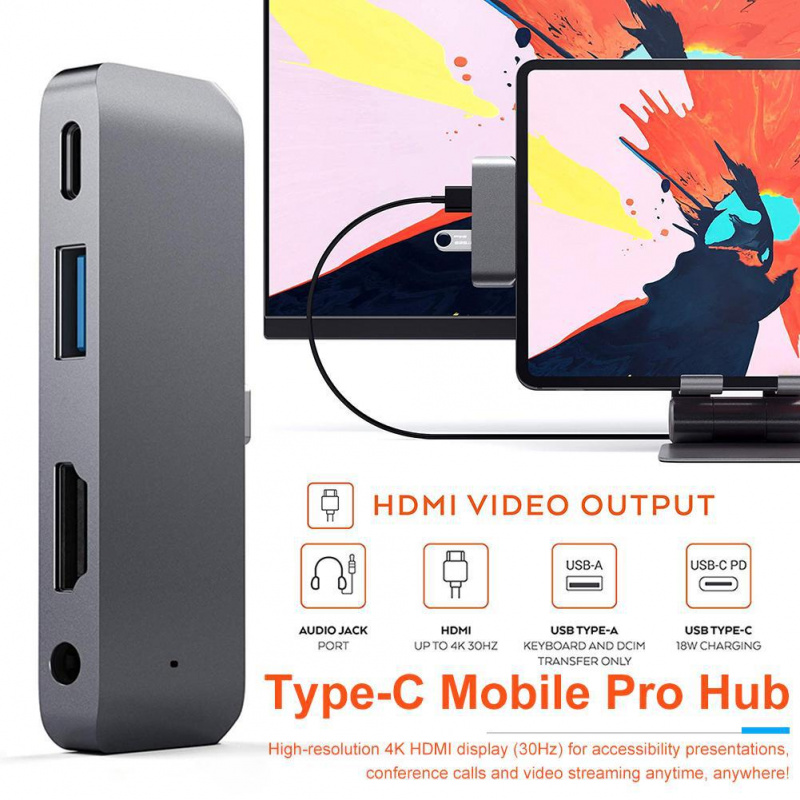 USB C HUB Type-C Mobile Pro 集線器適配器，帶 USB-C PD 充電 4K HDMI USB 3.0 和 3.5 毫米插孔，適用於 2020 2018 iPad Pro Macbook Pro