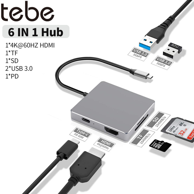 tebe USB C 集線器 Type-c 3.0 至 4K HDMI 兼容多 USB 3.0 SD TF 讀卡器適配器 USB-C 集線器分配器適用於 Macbook 戴爾