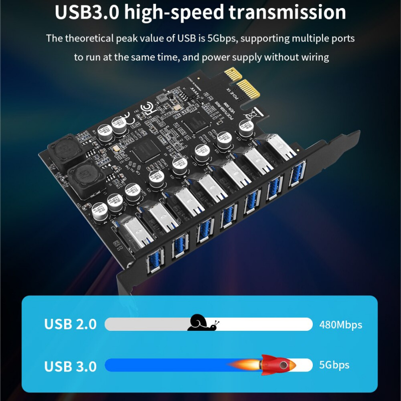TISHRIC USB 3.2 Gen1 PCI Express 倍增器 PCI E 至 7 端口 USB 3 集線器擴展適配卡 PCI-E 1X 桌面控制器