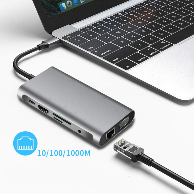 USB C 集線器 10 合 1 Type C 適配器擴展塢，帶 4K HDMI 1000mbps RJ45 USB-C USB SD TF 讀卡器 音頻 VGA 適用於 MacBook