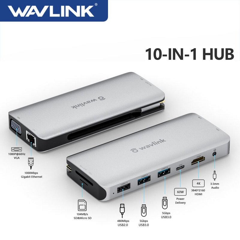 Wavlink USB C 集線器 10 合 1 USB C 適配器，帶 87W PD HDMI 兼容 VGA 2K 60Hz SD 讀卡器 RJ45 筆記本電腦以太網端口