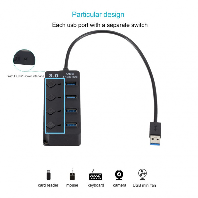 LccKaa 便攜式 USB 3.0 集線器 4 端口帶開關 5Gbps 高速電源適配器多 USB 3.0 集線器 USB 分路器適用於 PC 筆記本電腦