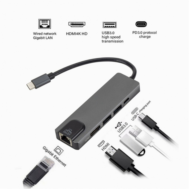 LccKaa USB C 集線器 Type-C 3.1 至 4K HDMI 兼容千兆 RJ45 USB 3.0 PD 快速充電 5 合 1 USB 擴展塢適用於 MacBook Air Pro PC 集線器