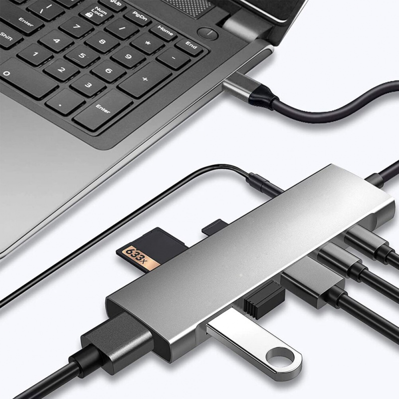 9 合 1 USB C 集線器帶 Type-C HDMI 兼容 4K PD TF 端口擴展適配器內置內存 TF 插槽 USB 集線器