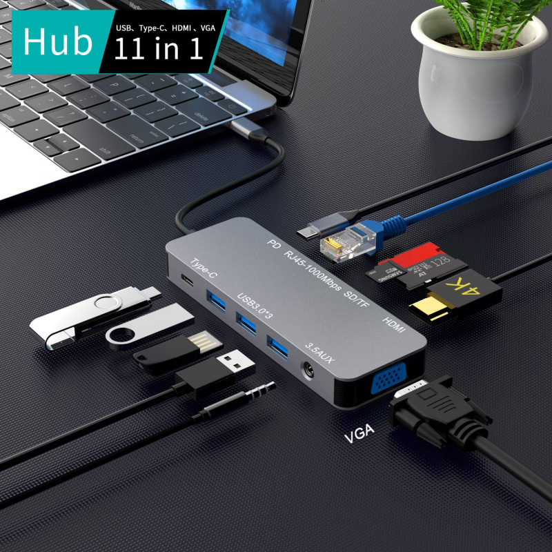 USB C 集線器 11 合 1 Type C 集線器擴展塢，帶千兆以太網、4K USB C 至 HDMI、VGA、SD TF、麥克風 音頻、PD 適用於 MacBook Air Pro