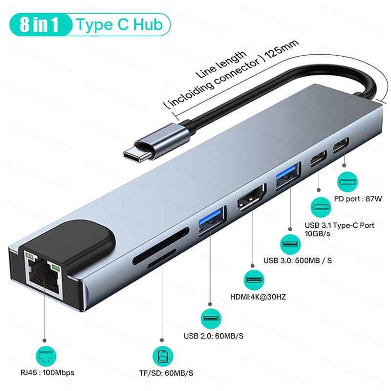 USB C 集線器 8 合 1 C 型 3.0 轉 HDMI 適配器帶 SD TF 讀卡器 PD 快速充電適用於 MacBook 筆記本筆記本電腦