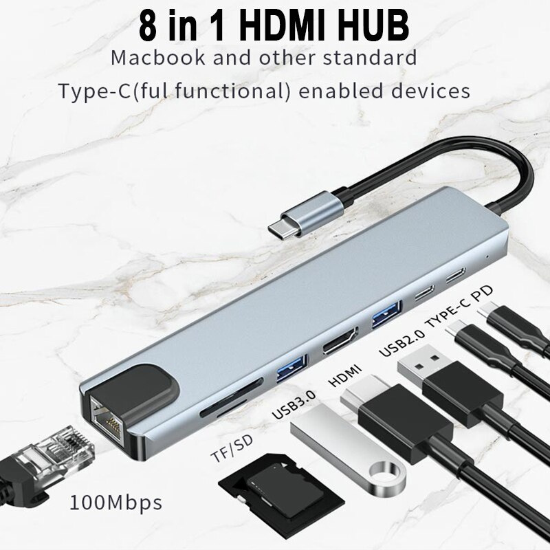 USB C 集線器 8 合 1 C 型 3.0 轉 HDMI 適配器帶 SD TF 讀卡器 PD 快速充電適用於 MacBook 筆記本筆記本電腦